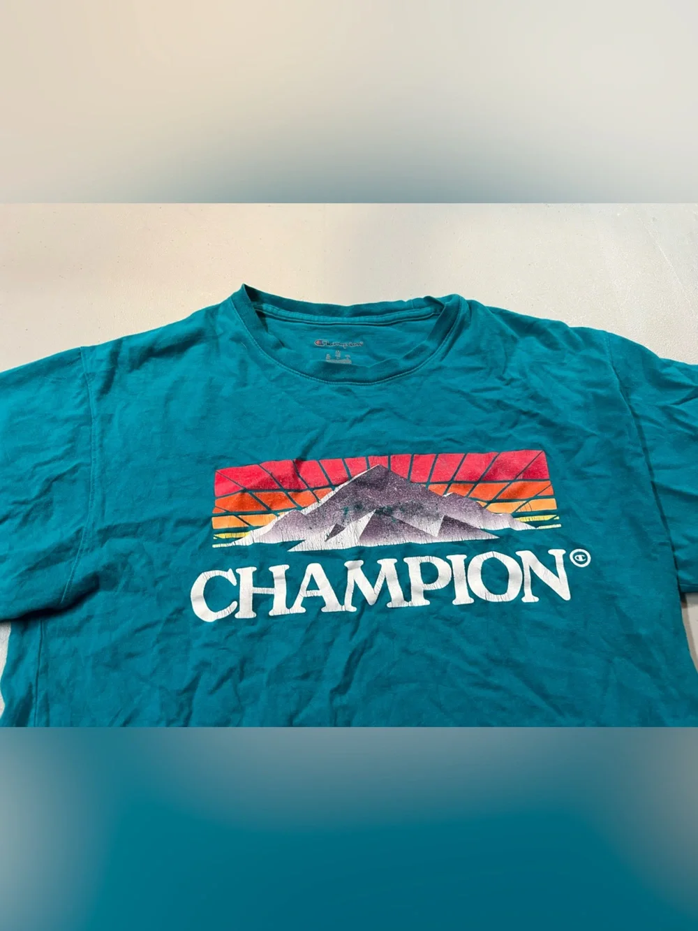 Champion Graphic Mountain Logo T Shirt Men’s Medium Teal Retro Style - Picture 2 of 4